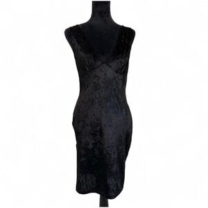 Seduction Vtg Black Velvet Bodycon Low V-Neck‎ Dress Leg Slit Sexy Emo Goth L